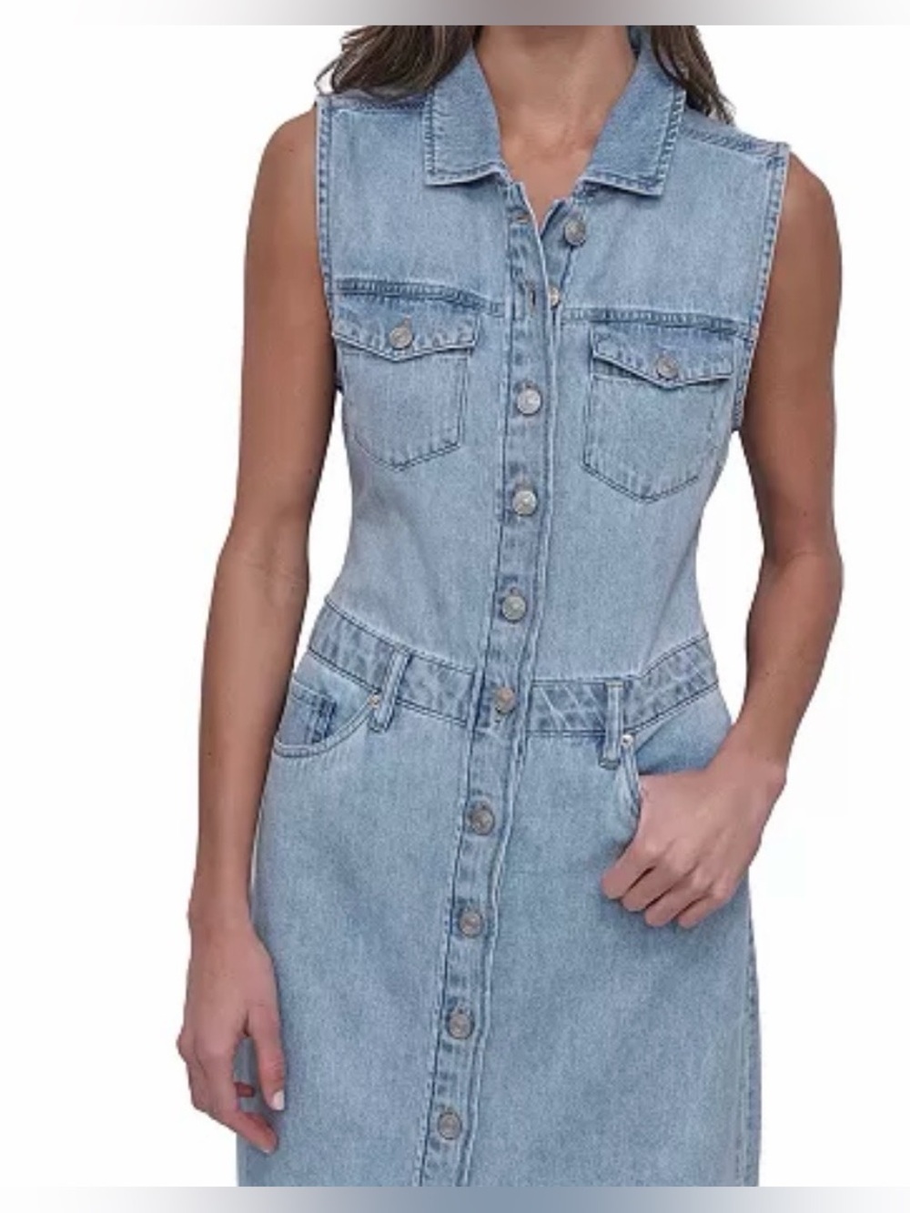 DKNY Denim Light Blue Button Front Sleeveless Midi Dress, Size Small - Picture 3 of 8